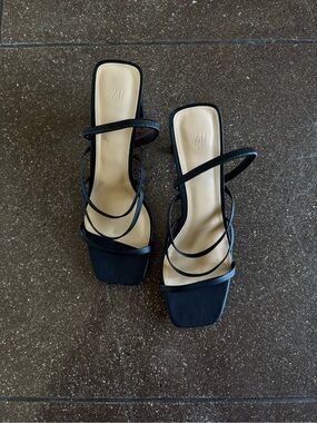 H&M Black Multi-Strap Square-Toe Heeled Sandals